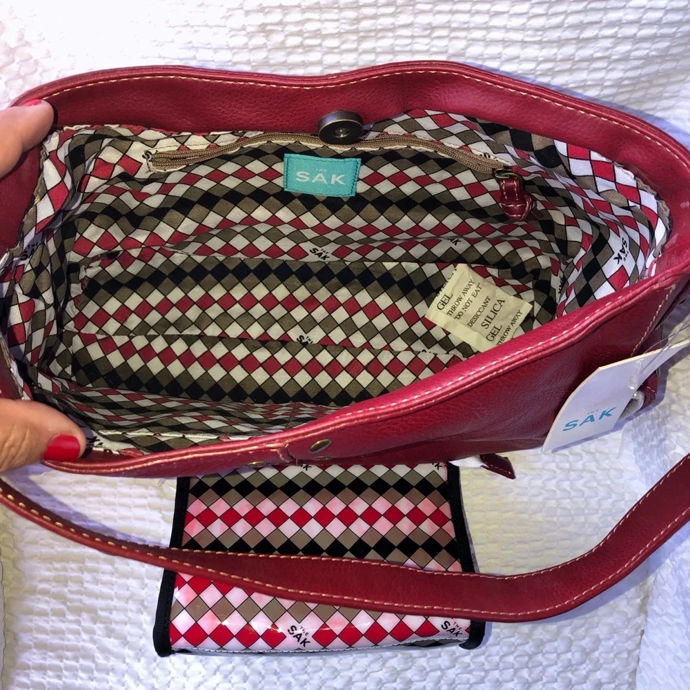 The Sak N.W. T. Studded Leather Hobo Bag With Cosmetic Case.Color Red Topstitch - Picture 3 of 8